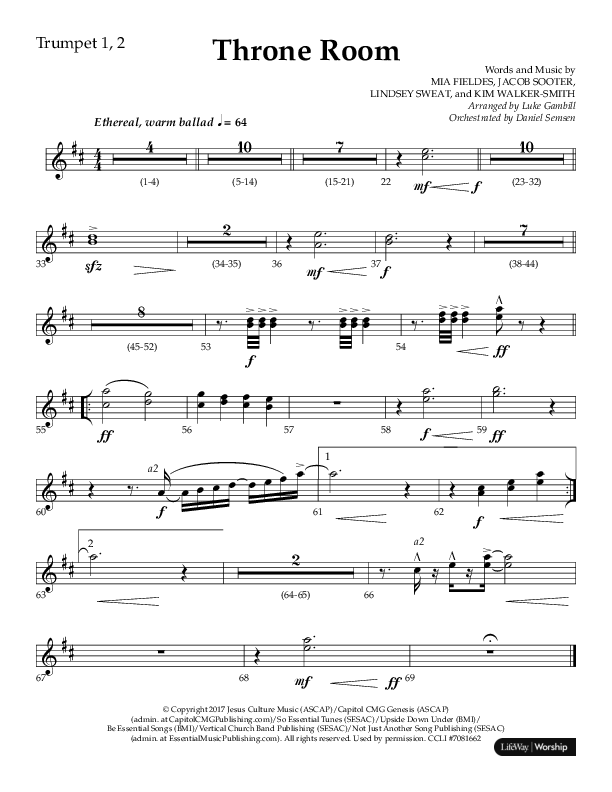 Throne Room (Choral Anthem SATB) Trumpet 1,2 (Lifeway Choral / Arr. Luke Gambill / Orch. Daniel Semsen)