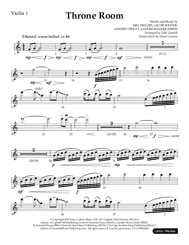 Throne Room (Choral Anthem SATB) Violin 1 (Lifeway Choral / Arr. Luke Gambill / Orch. Daniel Semsen)