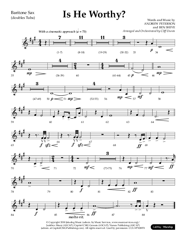 Is He Worthy (Choral Anthem SATB) Bari Sax (Lifeway Choral / Arr. Cliff Duren)