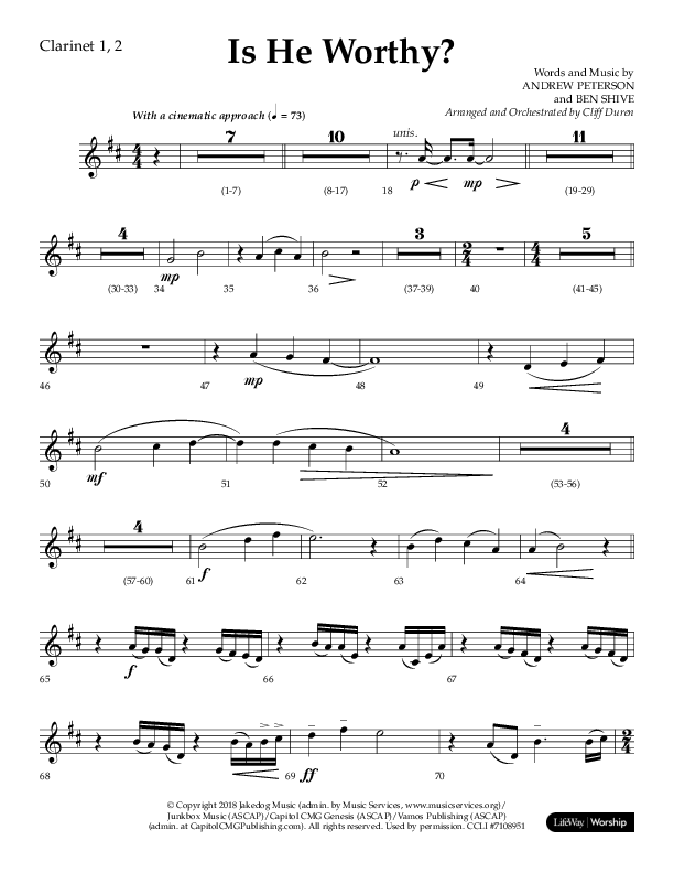 Is He Worthy (Choral Anthem SATB) Clarinet 1/2 (Lifeway Choral / Arr. Cliff Duren)