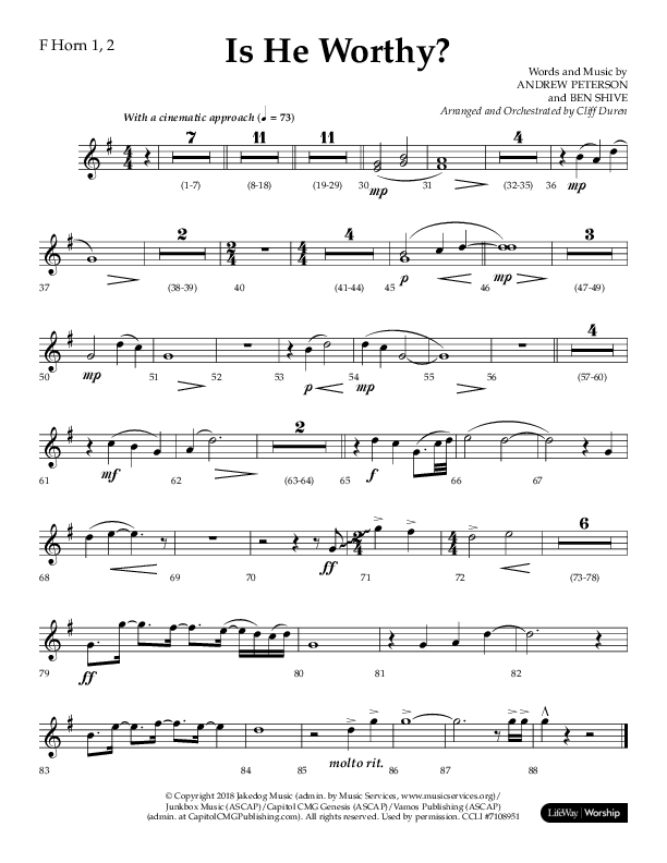 Is He Worthy (Choral Anthem SATB) French Horn 1/2 (Lifeway Choral / Arr. Cliff Duren)