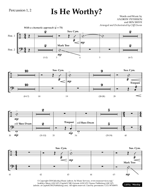 Is He Worthy (Choral Anthem SATB) Percussion 1/2 (Lifeway Choral / Arr. Cliff Duren)