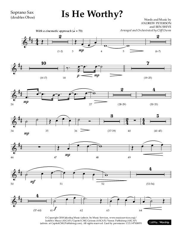 Is He Worthy (Choral Anthem SATB) Soprano Sax (Lifeway Choral / Arr. Cliff Duren)