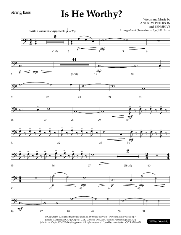 Is He Worthy (Choral Anthem SATB) String Bass (Lifeway Choral / Arr. Cliff Duren)