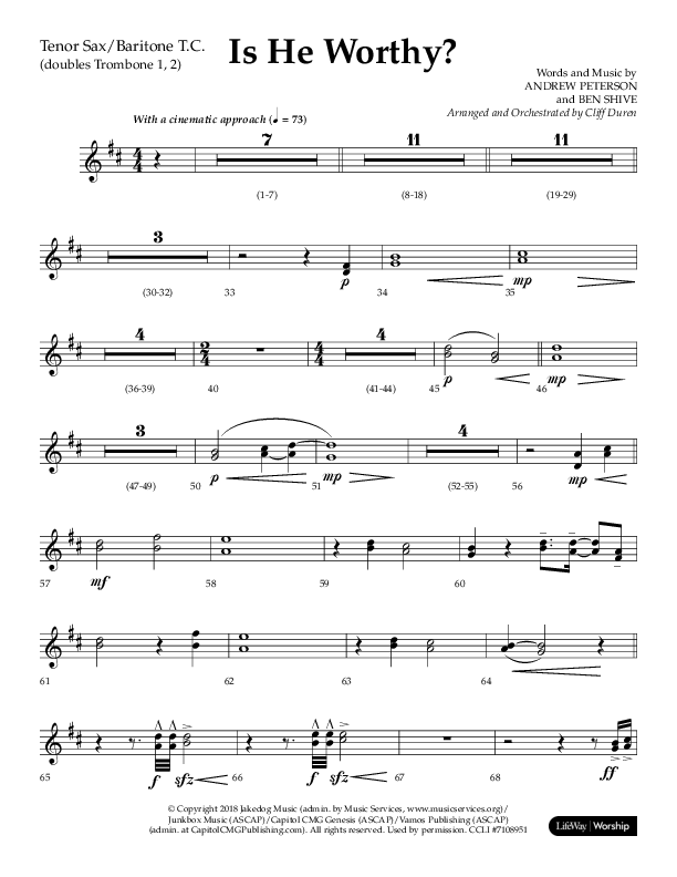 Is He Worthy (Choral Anthem SATB) Tenor Sax/Baritone T.C. (Lifeway Choral / Arr. Cliff Duren)