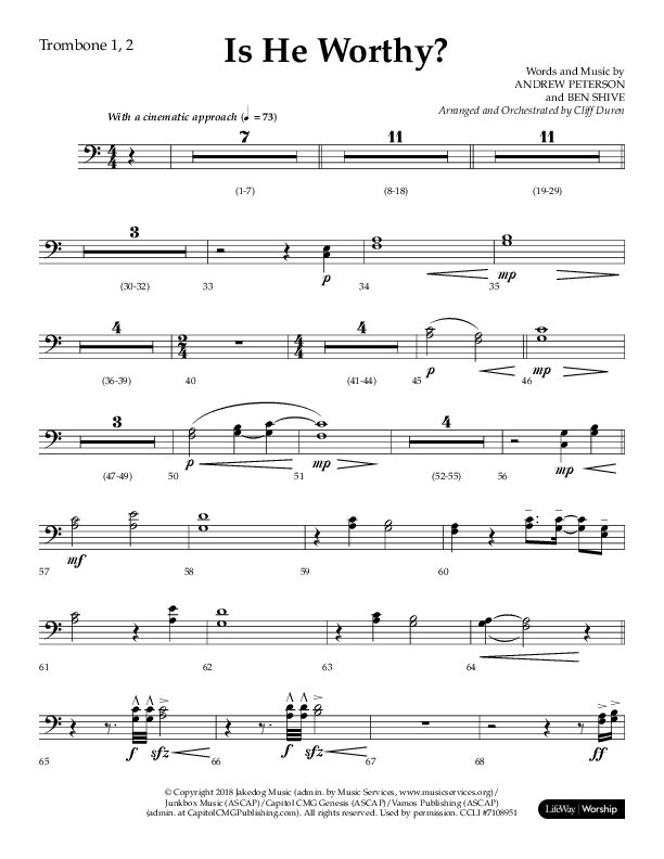 Is He Worthy (Choral Anthem SATB) Trombone 1/2 (Lifeway Choral / Arr. Cliff Duren)