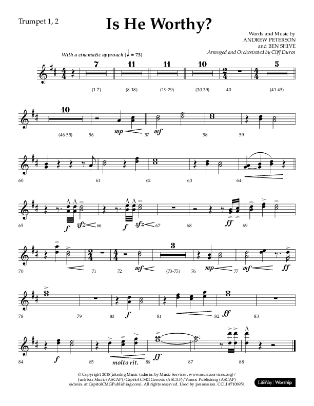 Is He Worthy (Choral Anthem SATB) Trumpet 1,2 (Lifeway Choral / Arr. Cliff Duren)