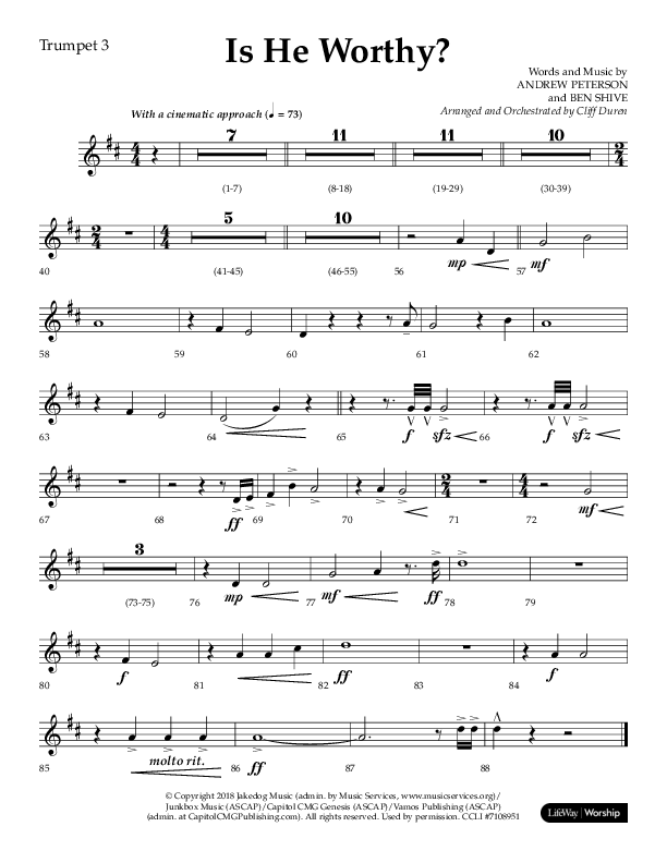Is He Worthy (Choral Anthem SATB) Trumpet 3 (Lifeway Choral / Arr. Cliff Duren)