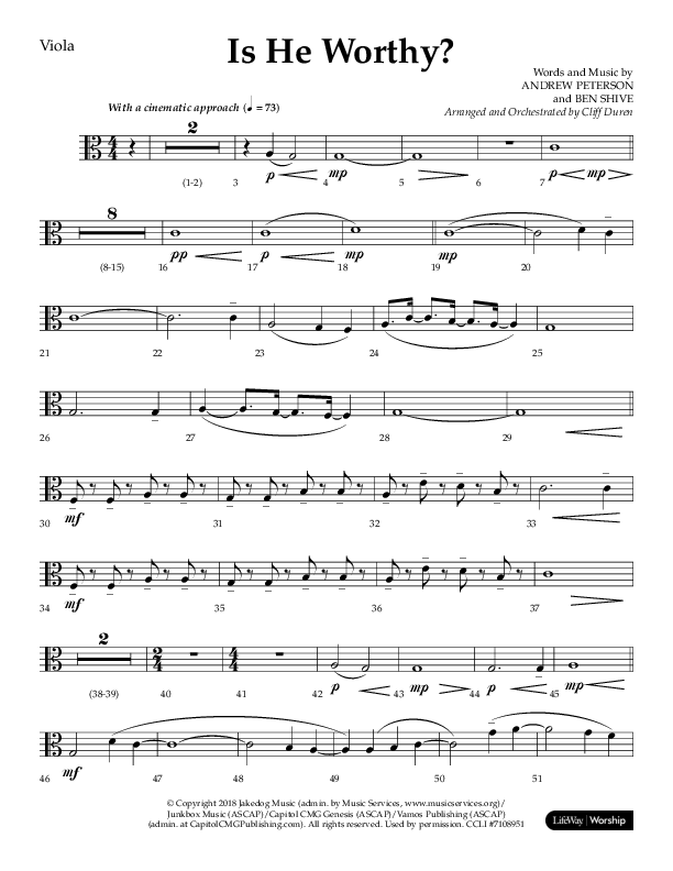 Is He Worthy (Choral Anthem SATB) Viola (Lifeway Choral / Arr. Cliff Duren)