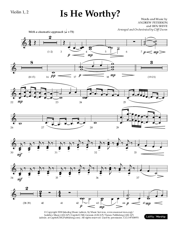 Is He Worthy (Choral Anthem SATB) Violin 1/2 (Lifeway Choral / Arr. Cliff Duren)