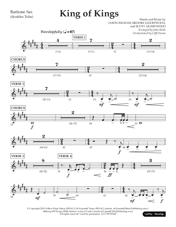 King Of Kings (Choral Anthem SATB) Bari Sax (Lifeway Choral / Arr. John Bolin / Orch. Cliff Duren)