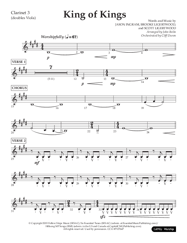 King Of Kings (Choral Anthem SATB) Clarinet 3 (Lifeway Choral / Arr. John Bolin / Orch. Cliff Duren)