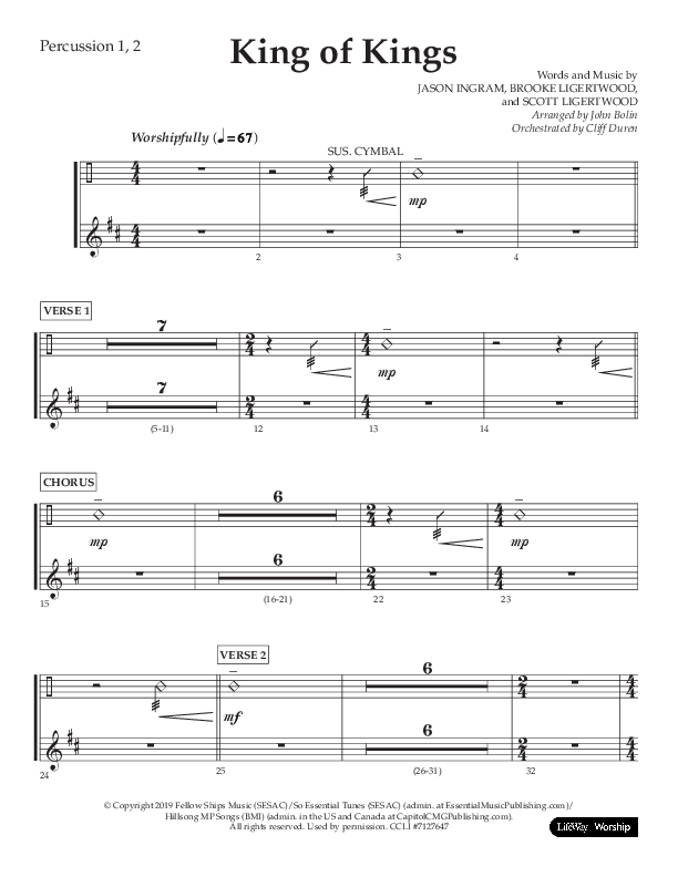 King Of Kings (Choral Anthem SATB) Percussion 1/2 (Lifeway Choral / Arr. John Bolin / Orch. Cliff Duren)