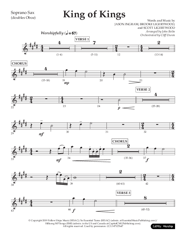 King Of Kings (Choral Anthem SATB) Soprano Sax (Lifeway Choral / Arr. John Bolin / Orch. Cliff Duren)