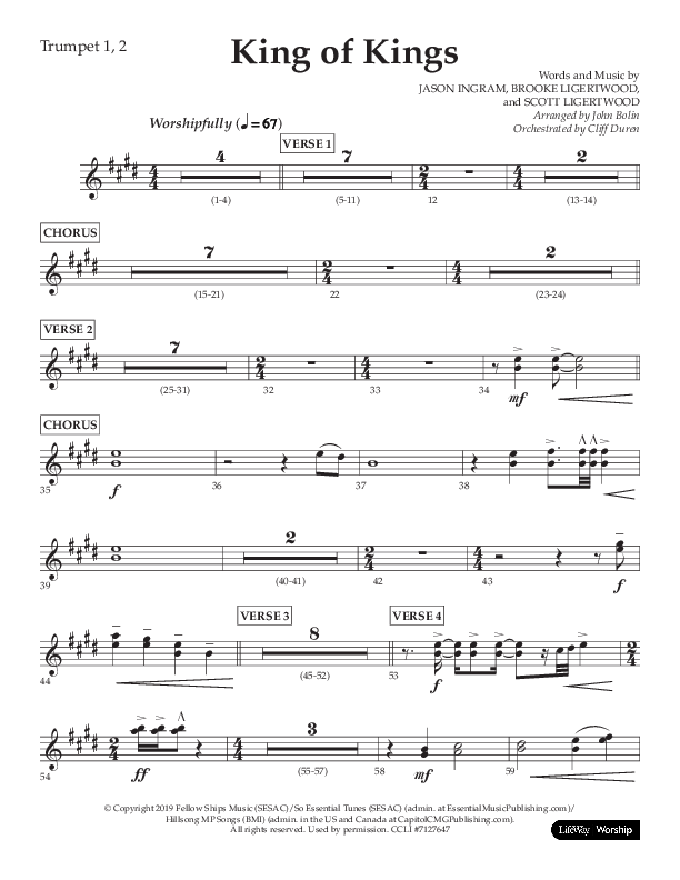 King Of Kings (Choral Anthem SATB) Trumpet 1,2 (Lifeway Choral / Arr. John Bolin / Orch. Cliff Duren)