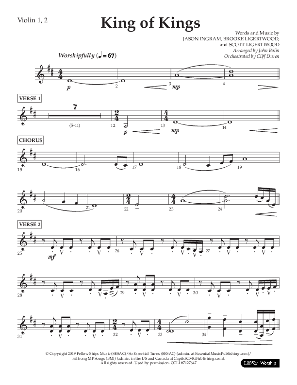 King Of Kings (Choral Anthem SATB) Violin 1/2 (Lifeway Choral / Arr. John Bolin / Orch. Cliff Duren)