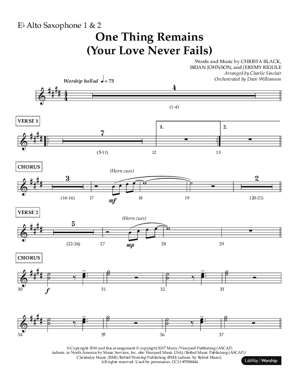 One Thing Remains (Choral Anthem SATB) Alto Sax 1/2 (Lifeway Choral / Arr. Charlie Sinclair / Orch. Dave Williamson)