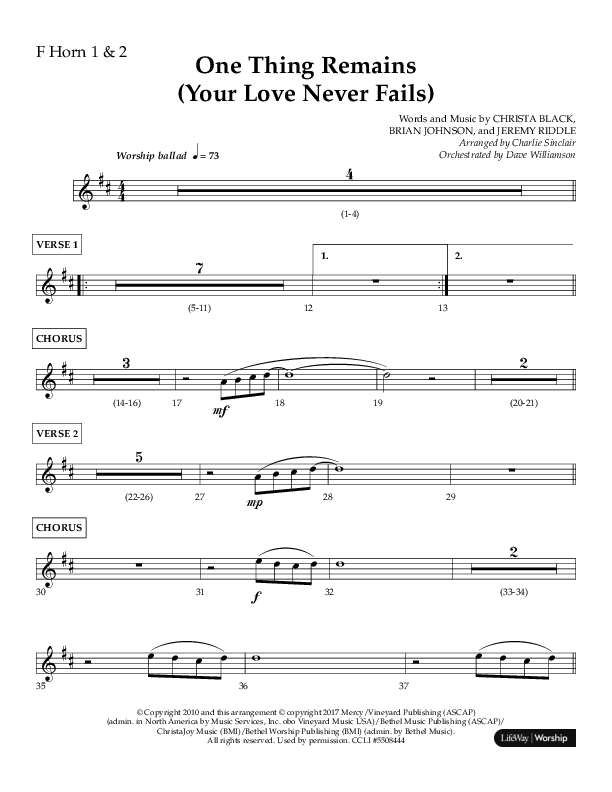 One Thing Remains (Choral Anthem SATB) French Horn 1/2 (Lifeway Choral / Arr. Charlie Sinclair / Orch. Dave Williamson)
