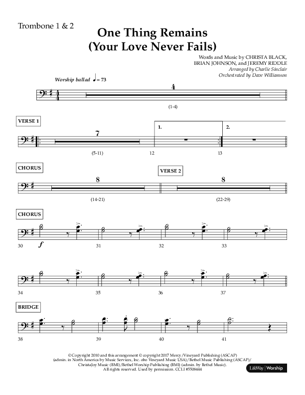 One Thing Remains (Choral Anthem SATB) Trombone 1/2 (Lifeway Choral / Arr. Charlie Sinclair / Orch. Dave Williamson)
