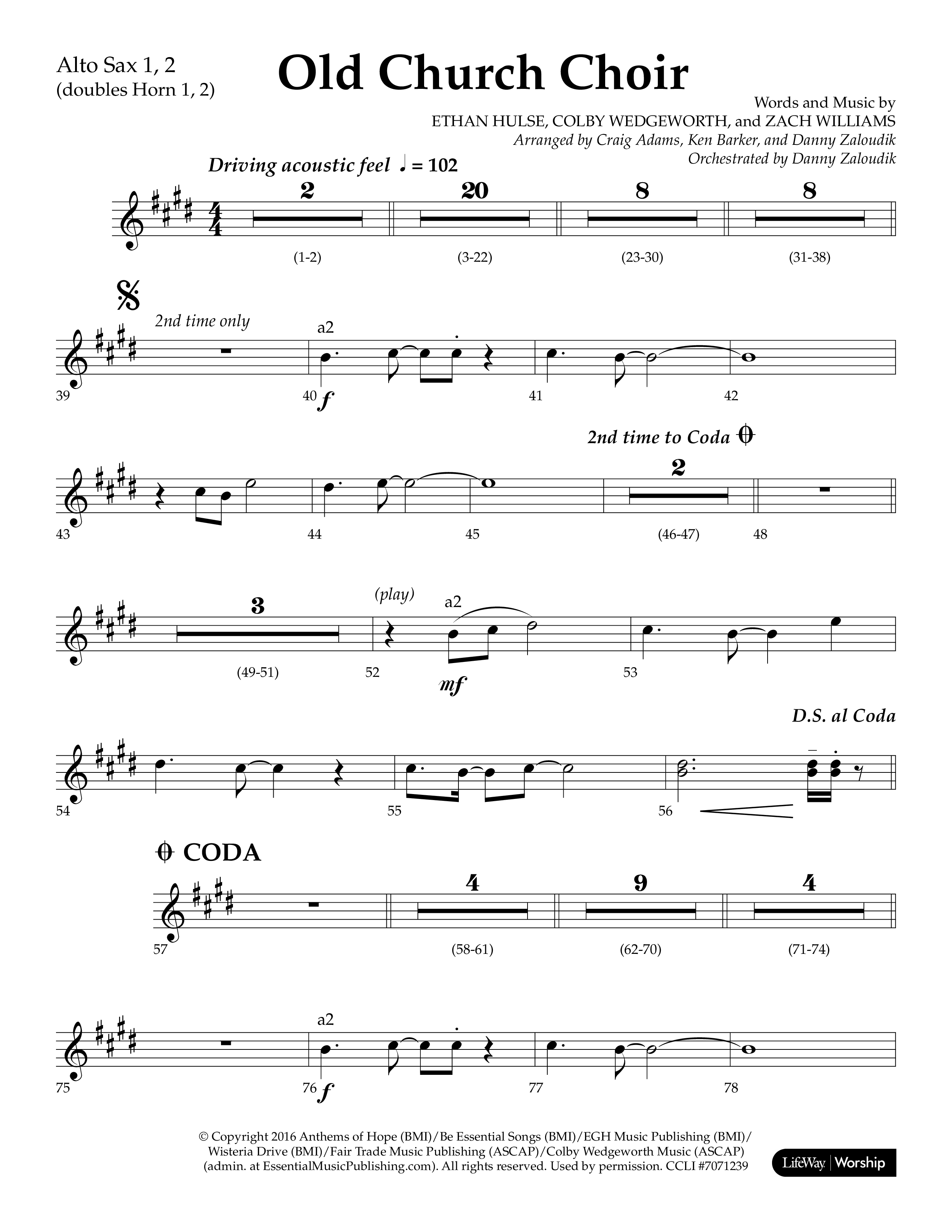 Old Church Choir (Choral Anthem SATB) Alto Sax 1/2 (Lifeway Choral / Arr. Ken Barker / Arr. Craig Adams / Arr. Danny Zaloudik)