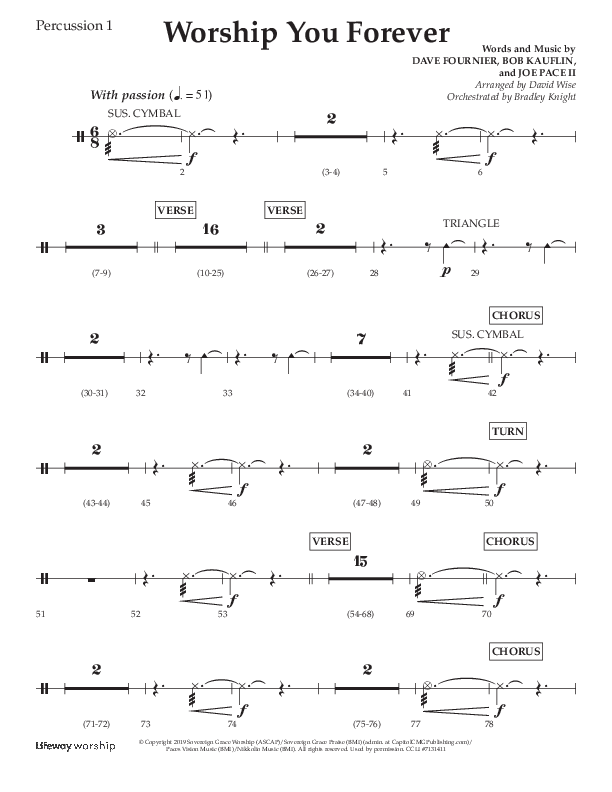 Worship You Forever (Choral Anthem SATB) Percussion 1/2 (Lifeway Choral / Arr. David Wise / Orch. Bradley Knight)