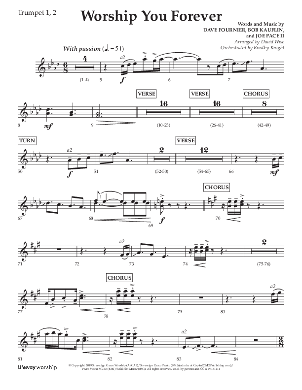 Worship You Forever (Choral Anthem SATB) Trumpet 1,2 (Lifeway Choral / Arr. David Wise / Orch. Bradley Knight)