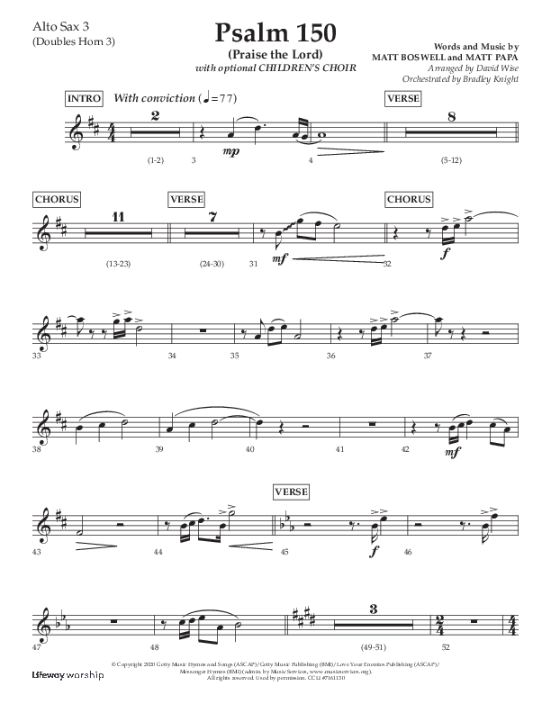 Psalm 150 (Praise The Lord) (Choral Anthem SATB) Alto Sax (Lifeway Choral / Arr. David Wise / Orch. Bradley Knight)