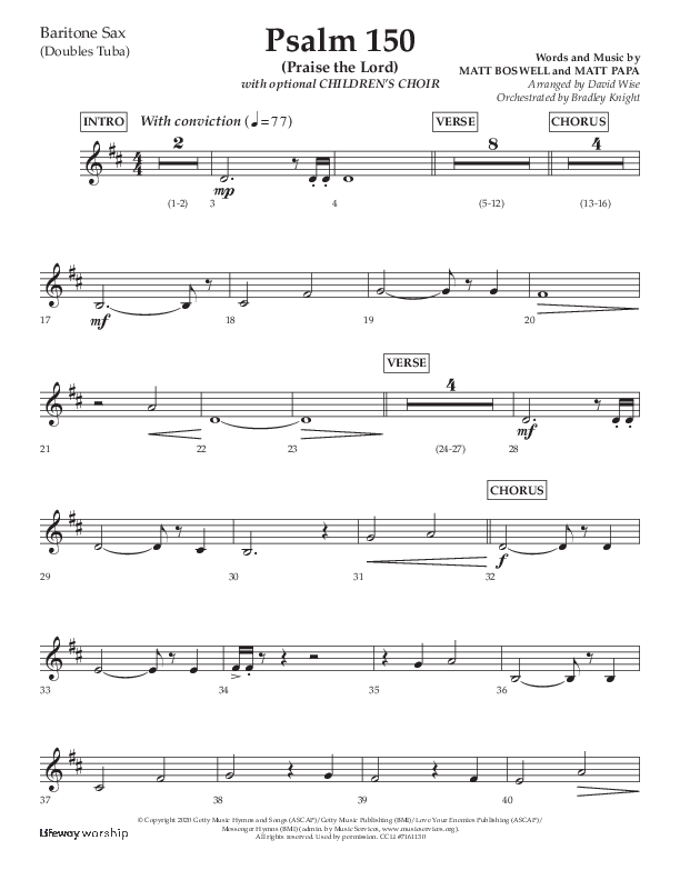 Psalm 150 (Praise The Lord) (Choral Anthem SATB) Bari Sax (Lifeway Choral / Arr. David Wise / Orch. Bradley Knight)