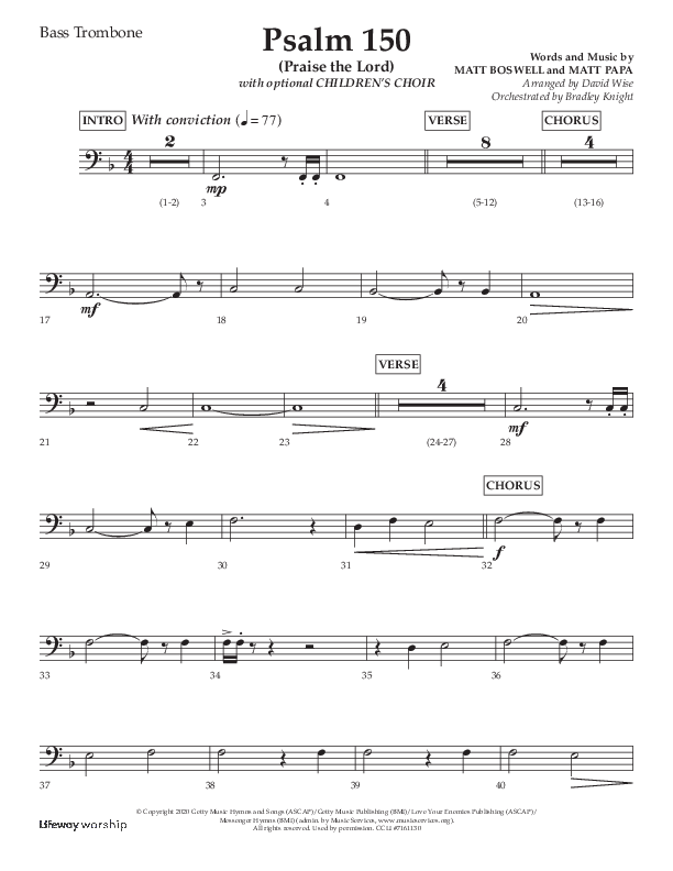 Psalm 150 (Praise The Lord) (Choral Anthem SATB) Bass Trombone (Lifeway Choral / Arr. David Wise / Orch. Bradley Knight)