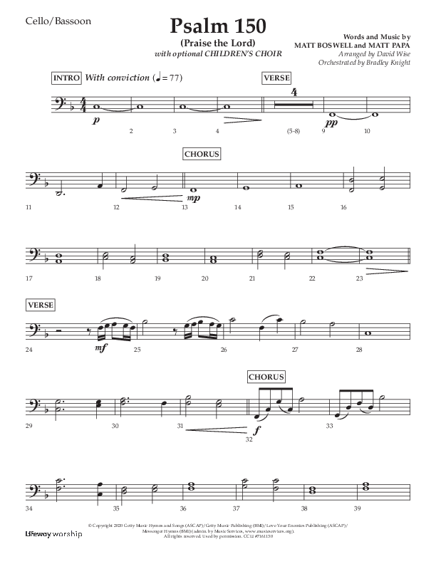 Psalm 150 (Praise The Lord) (Choral Anthem SATB) Cello (Lifeway Choral / Arr. David Wise / Orch. Bradley Knight)
