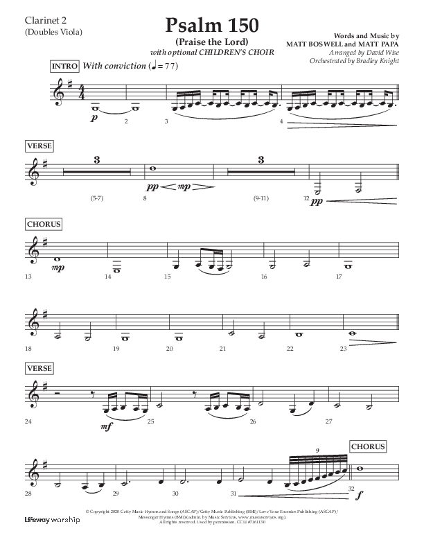 Psalm 150 (Praise The Lord) (Choral Anthem SATB) Clarinet 1/2 (Lifeway Choral / Arr. David Wise / Orch. Bradley Knight)