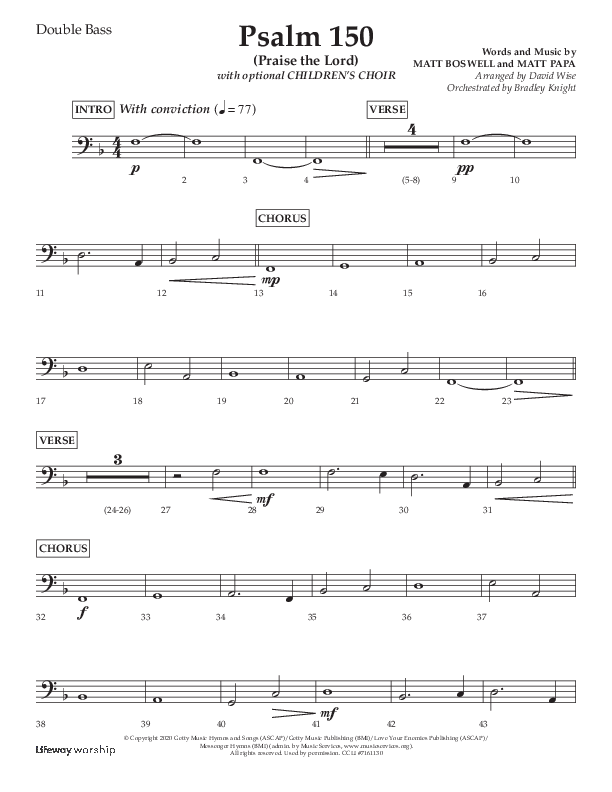 Psalm 150 (Praise The Lord) (Choral Anthem SATB) Double Bass (Lifeway Choral / Arr. David Wise / Orch. Bradley Knight)