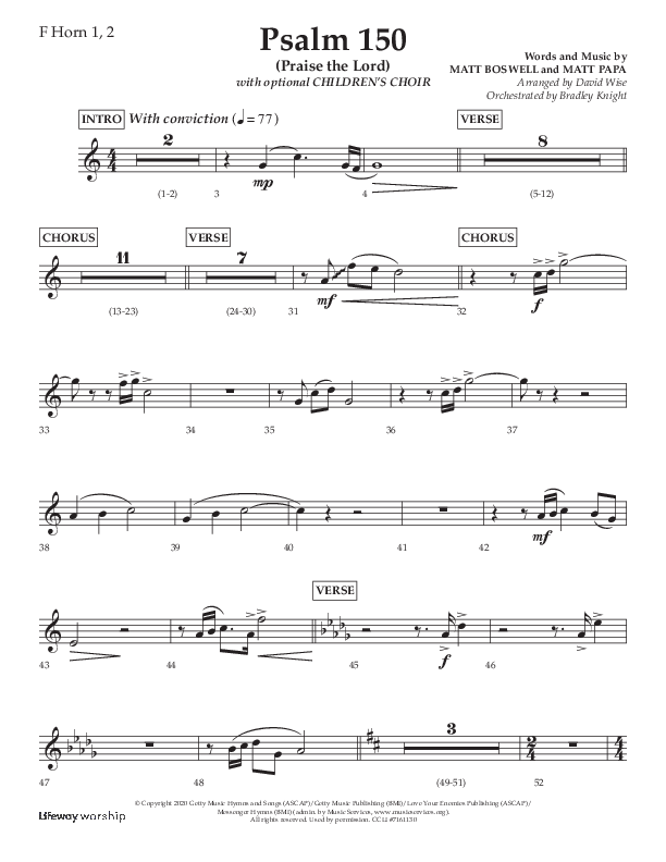 Psalm 150 (Praise The Lord) (Choral Anthem SATB) French Horn 1/2 (Lifeway Choral / Arr. David Wise / Orch. Bradley Knight)