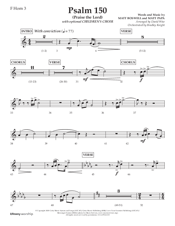 Psalm 150 (Praise The Lord) (Choral Anthem SATB) French Horn 3 (Lifeway Choral / Arr. David Wise / Orch. Bradley Knight)
