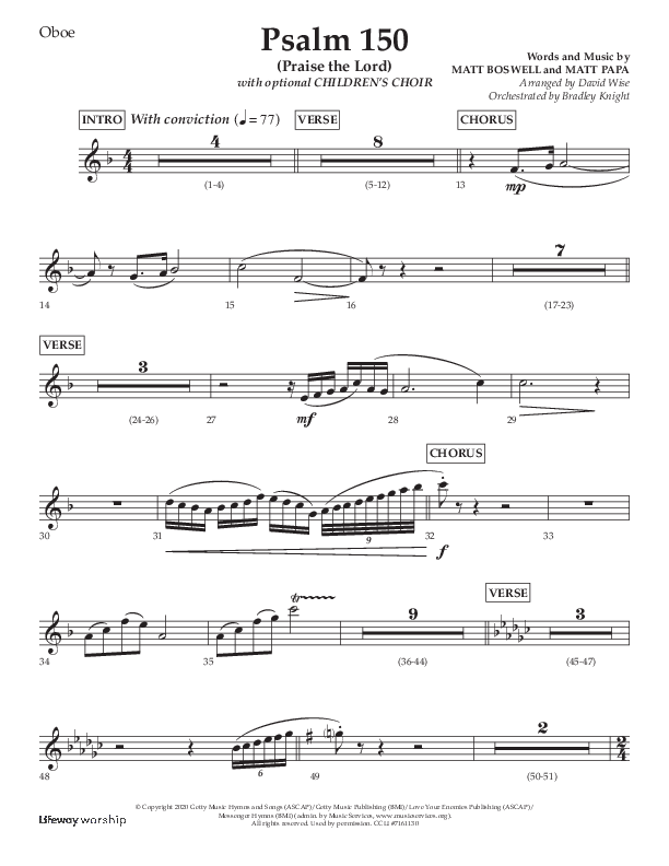 Psalm 150 (Praise The Lord) (Choral Anthem SATB) Oboe (Lifeway Choral / Arr. David Wise / Orch. Bradley Knight)
