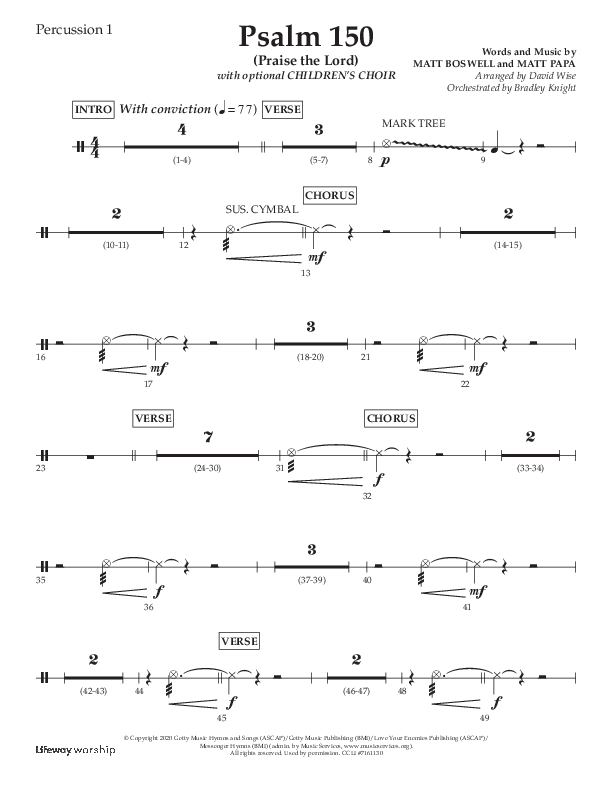 Psalm 150 (Praise The Lord) (Choral Anthem SATB) Percussion 1/2 (Lifeway Choral / Arr. David Wise / Orch. Bradley Knight)