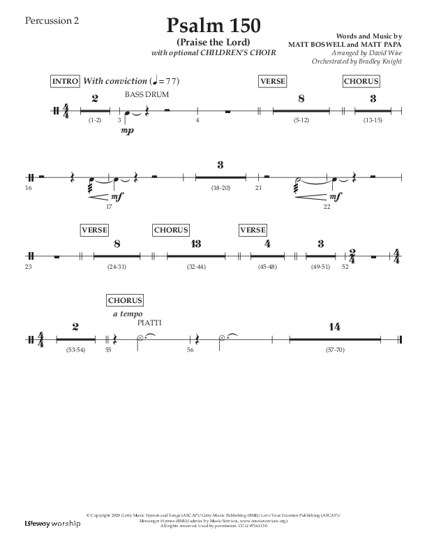 Psalm 150 (Praise The Lord) (Choral Anthem SATB) Percussion 1/2 (Lifeway Choral / Arr. David Wise / Orch. Bradley Knight)