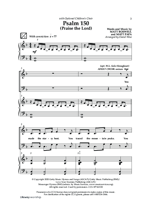 Psalm 150 (Praise The Lord) (Choral Anthem SATB) Anthem (SATB/Piano) (Lifeway Choral / Arr. David Wise / Orch. Bradley Knight)