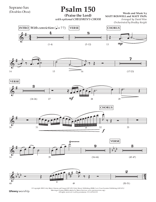 Psalm 150 (Praise The Lord) (Choral Anthem SATB) Soprano Sax (Lifeway Choral / Arr. David Wise / Orch. Bradley Knight)