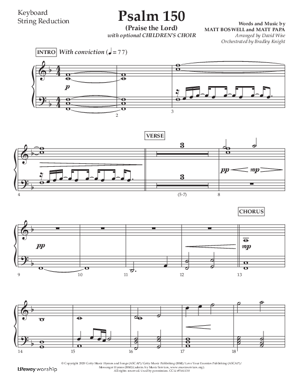 Psalm 150 (Praise The Lord) (Choral Anthem SATB) String Reduction (Lifeway Choral / Arr. David Wise / Orch. Bradley Knight)