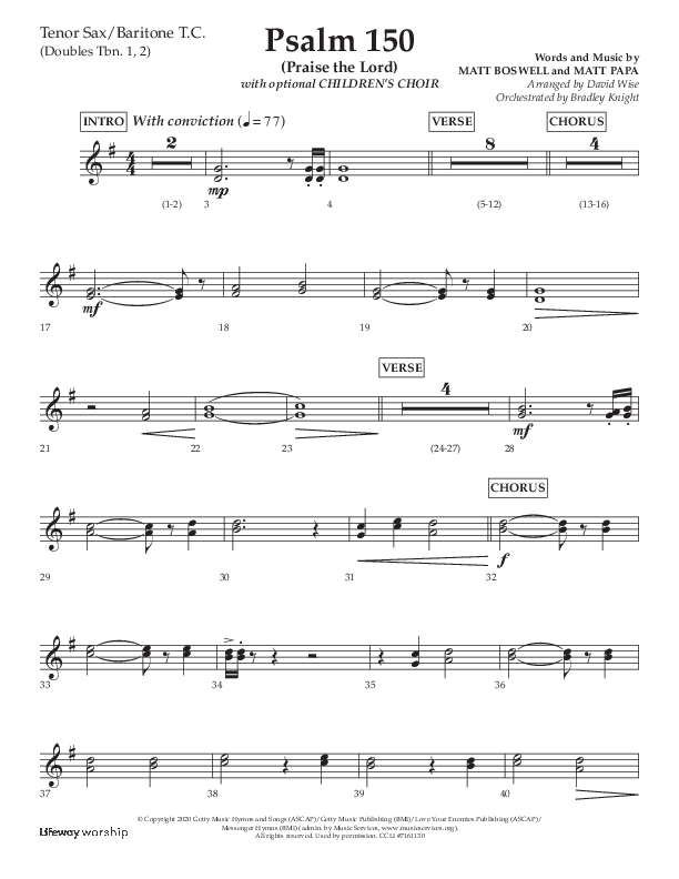 Psalm 150 (Praise The Lord) (Choral Anthem SATB) Tenor Sax/Baritone T.C. (Lifeway Choral / Arr. David Wise / Orch. Bradley Knight)
