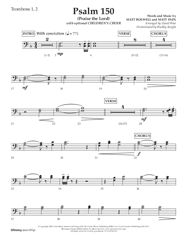 Psalm 150 (Praise The Lord) (Choral Anthem SATB) Trombone 1/2 (Lifeway Choral / Arr. David Wise / Orch. Bradley Knight)