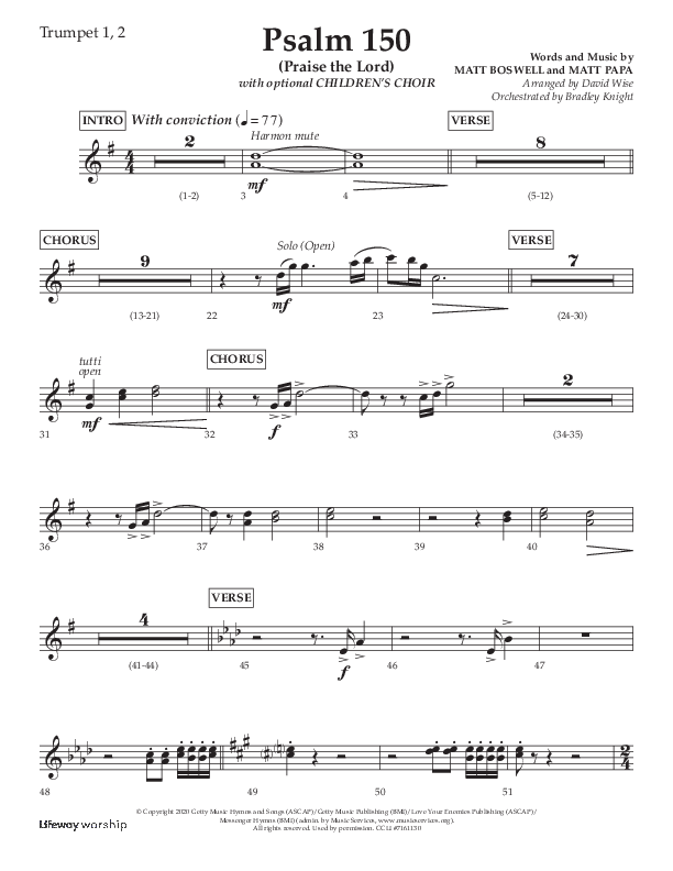 Psalm 150 (Praise The Lord) (Choral Anthem SATB) Trumpet 1,2 (Lifeway Choral / Arr. David Wise / Orch. Bradley Knight)