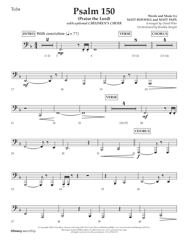 Psalm 150 (Praise The Lord) (Choral Anthem SATB) Tuba (Lifeway Choral / Arr. David Wise / Orch. Bradley Knight)