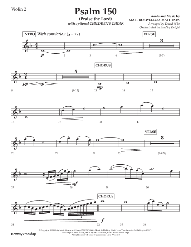 Psalm 150 (Praise The Lord) (Choral Anthem SATB) Violin 2 (Lifeway Choral / Arr. David Wise / Orch. Bradley Knight)