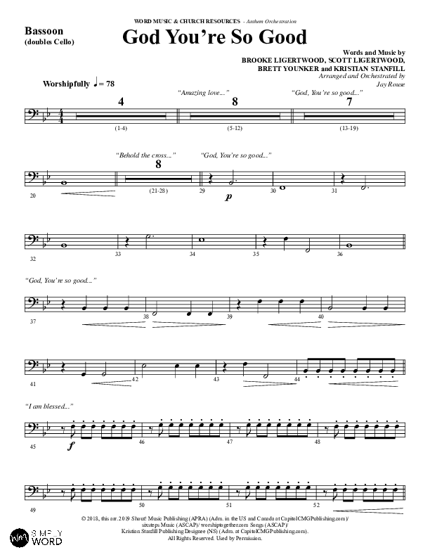 God You're So Good (Choral Anthem SATB) Bassoon (Word Music Choral / Arr. Jay Rouse)