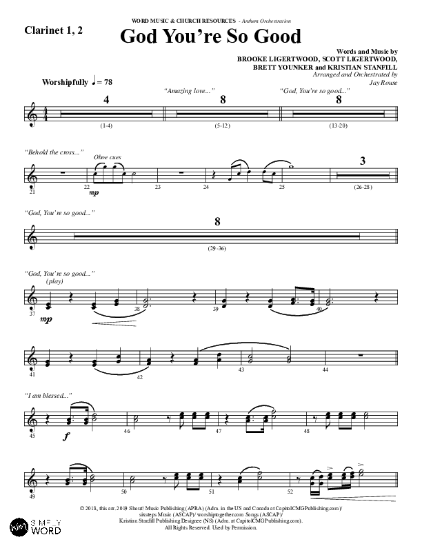 God You're So Good (Choral Anthem SATB) Clarinet 1/2 (Word Music Choral / Arr. Jay Rouse)