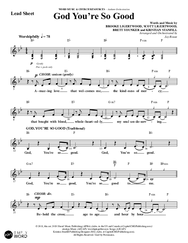 God You're So Good (Choral Anthem SATB) Lead Sheet (Melody) (Word Music Choral / Arr. Jay Rouse)