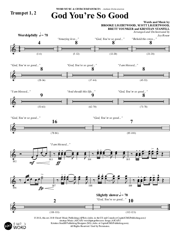 God You're So Good (Choral Anthem SATB) Trumpet 1,2 (Word Music Choral / Arr. Jay Rouse)