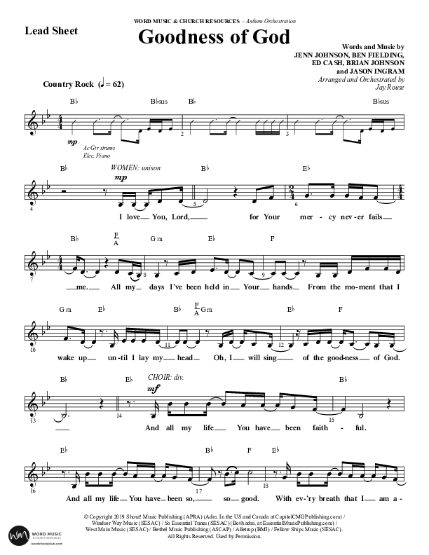 Goodness Of God (Choral Anthem SATB) Lead Sheet (Melody) (Word Music Choral / Arr. Jay Rouse)